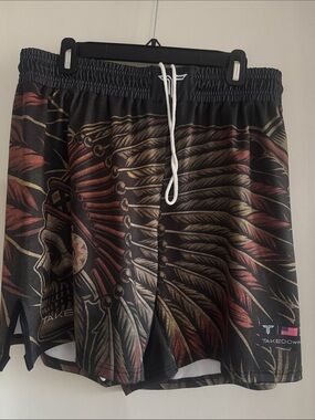 Men's Athletic Shorts in Black with Red/Brown Feather Print
